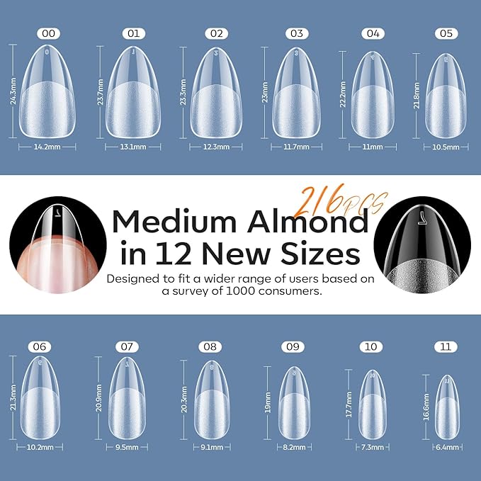 modelones X Nail Gel Kit Kit Medium Almond, 9-in-One Nail Glue with Portable U V Lamp 216Pcs 12Sizes Pre-Etched Press ons Fake Acrylic Extension Kit DIY Salon Gift for Women