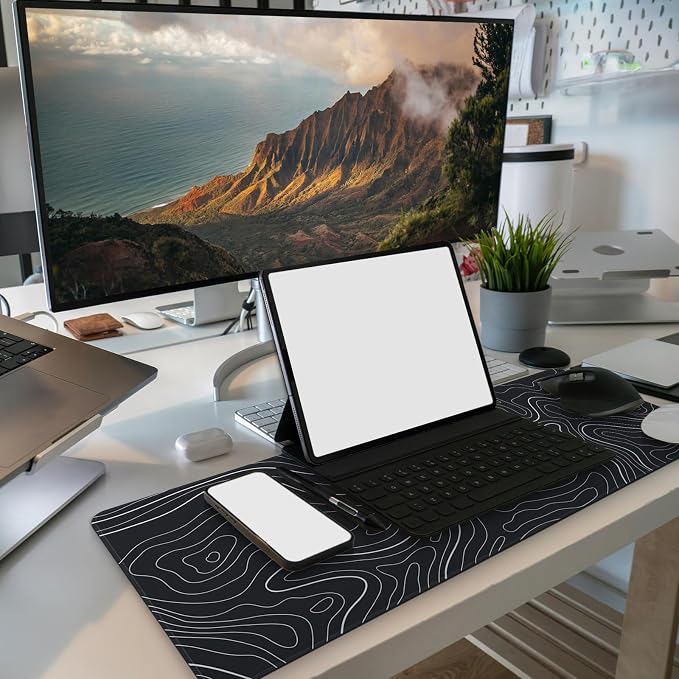 MAY FLOWER Large Gaming Mouse Pad, Full Keyboard Mat, Long Laptop Mousepad, Computer Mouse Mat for Home and Office, Anti-Slip Rubber Base, 31.5 x 11.8 Inches (Black Topographic Map)