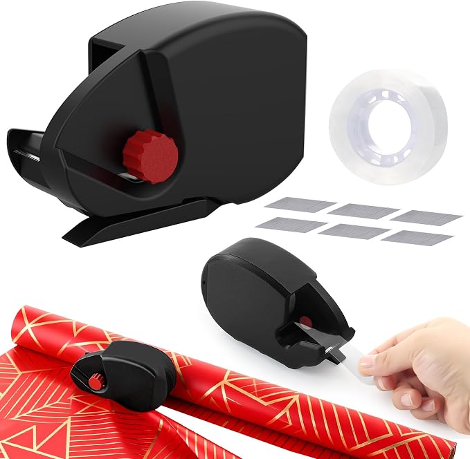 1-Pack Wrapping Paper Cutter and Tape Dispenser with 1 Tapes & 6 Blades - Fast & Safe Straight Line Cutting Tool for Gift Wrapping, Fits All Wrapping Paper Rolls (Black)