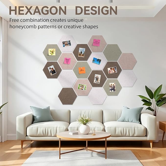 Hexagon Cork Board for Walls Decor, 8 Pack Felt Bulletin Board Tiles with 30 Pushpins, 50 Adhesive Tabs, 12" Pin Board Felt Board for Office & Home Classroom, Notes Photos and DIY Decor