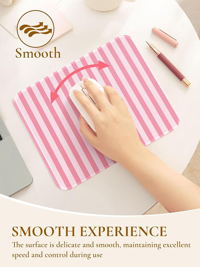 Square Cute Striped Mouse Pad with Stitched Edge, Premium Waterproof Cloth Aesthetic Small Mouse Mat, Non-Slip Rubber Base Simple Funny Mousepad Desk Accessories,Rose Pink