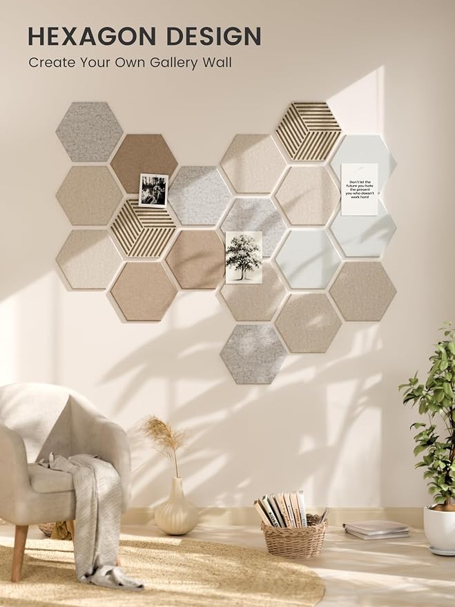 Fluxynara 10-Pack Hexagon Felt Bulletin Board Tiles, Stone Beige | Cork Board Alternative for Wall Decor and Vision Boards, with 50 Adhesive Tabs for Home, Office, Classroom or Dorm.