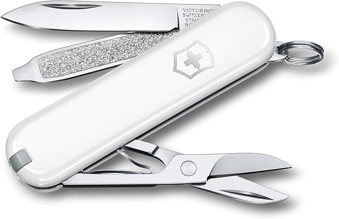 Victorinox Classic SD Swiss Army Knife, Compact, 7 Functions, Swiss Made Pocket Knife with Small Blade, Screwdriver and Key Ring - Falling Snow (White)