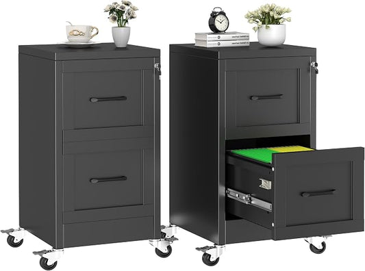 2 Drawer Rolling Metal File Cabinet with Lock,Narrow Vertical Filing Storage Cabinets,File Organization for Legal/Letter/A4/F4 Size with Wheels,Lockable File Folders for Home Office,Black