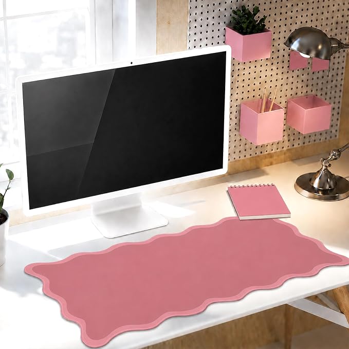 Hahafelt Scalloped Desk Mat Waterproof,Dark Pink,31.5 X 15.8 Inches | Coquette Preppy Style for School Office Makeup Vanity, Nonslip Gaming Desktop Protector with Scalloped Stitched Edge Mat