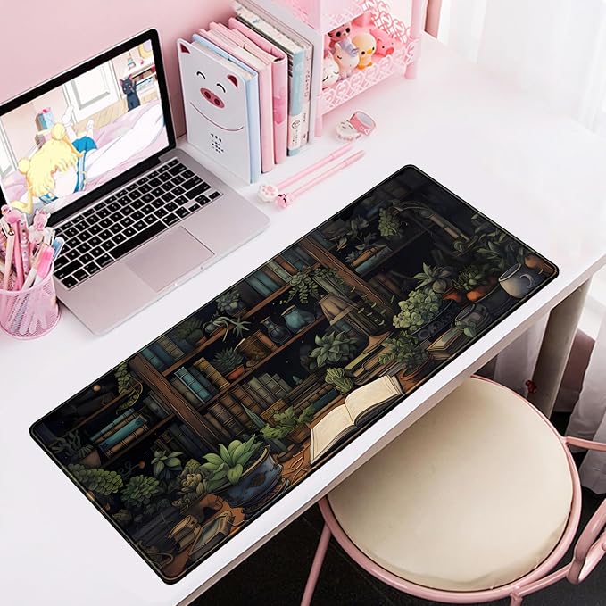 Desk Mat Green Bonsai Library Book Mouse Pad Big Vintage Aesthetic Desk Pad Flower Plant Extended Mouse Pad Large Gaming Mousepad XXL Keyboard Mouse Mat Desktop Mat Office Desk 31.5 X 11.8 in