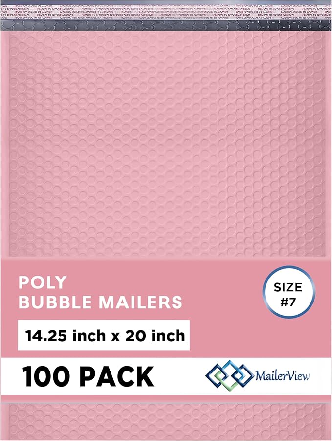 Light Pink Bubble Mailers 14.25x20 Poly Padded Envelopes #7 100 Pack | Holds Clothing & Bulk Items, Self-Seal Closure, Cushioned Protection, Water-Resistant Poly, Bulk Pack