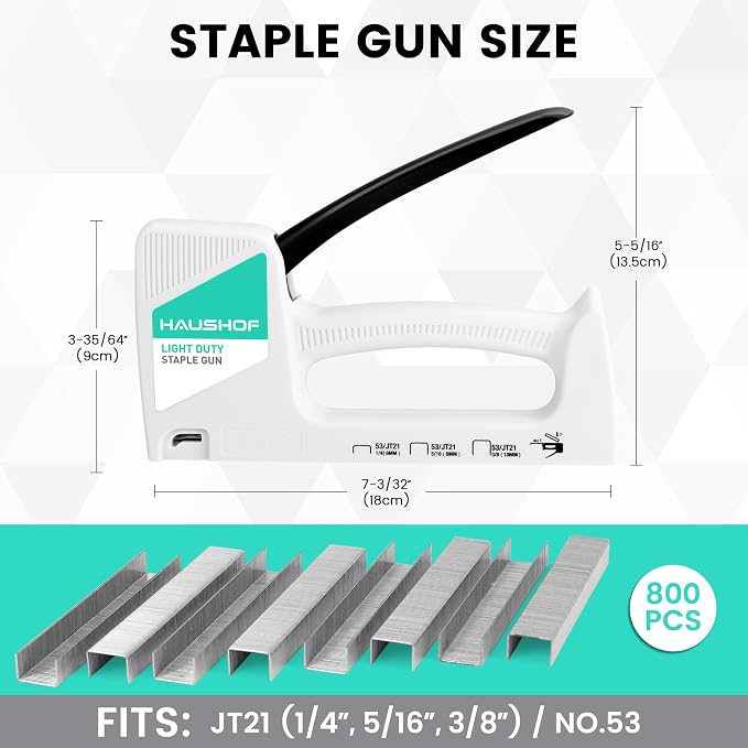 HAUSHOF Light Duty Staple Gun with 800-Count JT21 Staples & Stapler Remover | Upholstery Staple Gun Fits JT21 Staple of 1/4'', 5/16'' & 3/8'', Used for Wood, Classroom, Crafts, DIY (White)
