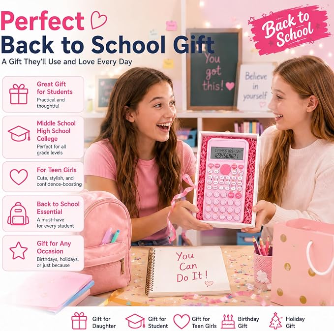 EooCoo Standard Scientific Calculator, Back to School Supplies for Students | Portable Pink School Supplies, Silent Buttons, 2-Line Display Calculator for Primary Middle High School & College Students