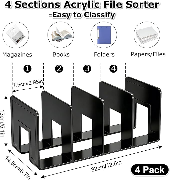SAYEEC Acrylic File Holder, Black File Sorter Desk File Organizer, Sturdy Desktop File Folder Organizer Rack for Envelopes Mail Letter Paper Notebook Electronics Office Supplies (4 Sections, 4 Pack)