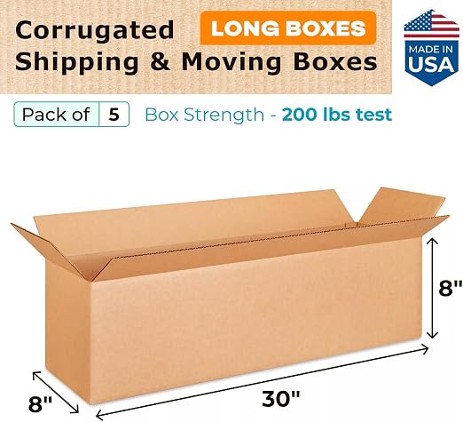 Long Shipping & Moving Boxes 30 x 8 x 8 inches (5-Pack) - Extra Strength 200 lb vs Regular - Corrugated Packing Boxes for Moving - Packaging Box for USPS, FedEx - Box Shipping by IDL Packaging | Extra Strength 200 lb vs Regular - Corrugated Boxes for M...