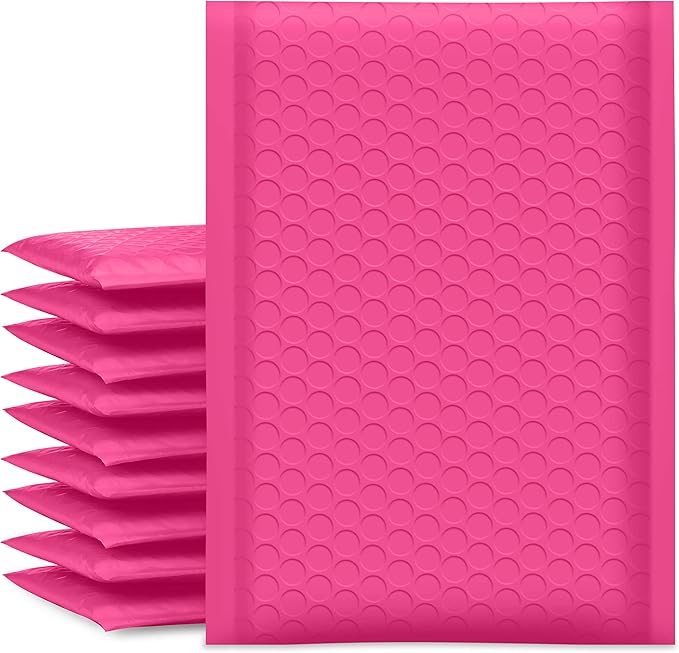 UCGOU Bubble Mailers 5x8.6 Inch Usable Size 5x7 Inch Hot Pink 50 Pack Padded Envelopes Small Business Mailing Packages Self Seal Adhesive Waterproof Boutique Shipping Bags for Jewelry Makeup Supplies