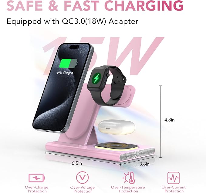 3 in 1 Foldable Wireless Fast Charging Station for Apple Multiple Devices | iPhone Charging Station for iPhone 17, Travel iWatch Charger Stand, Light Nightstand Charging Dock for Apple Watch/Airpods