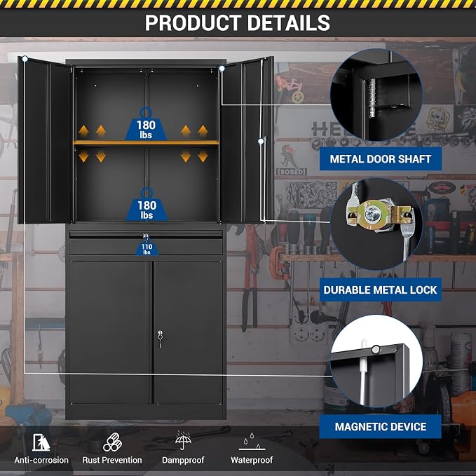 Fesbos 71" Metal Cabinet-Black Heavy Duty Storage File Cabinet Steel Tool Cabinets with Shelves, Lockable Doors and Drawers- for Garage, Pantry, Warehouse - Assembly Required