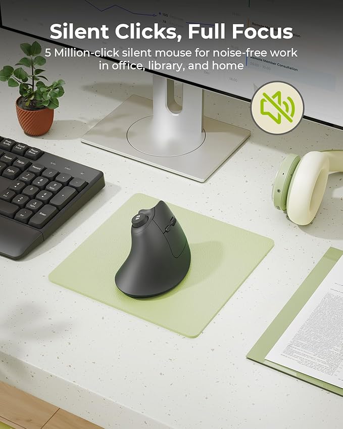 seenda Ergonomic Mouse Wireless, MOU-302 Bluetooth Vertical Mouse Rechargeable, Optical Mice with 1000/1600/2400 DPI, Volume Knob, 3 Multi-Device Connectivity for Computer/PC/Laptop/Mac, Black