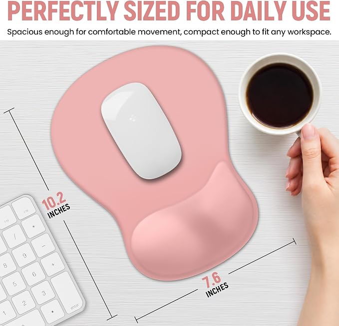 Ergonomic Mouse Pad with Wrist Rest, Gel Wrist Support, Pink | 10.2 x 7.6 in Mouse Pad with Smooth Fabric Surface and Non-Slip Rubber Base for Office, Home, Study, and Gaming