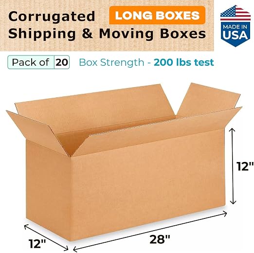 Long Shipping & Moving Boxes 28"L x 12"W x 12"H (20-Pack) - Extra Strength 200 lb vs Regular - Corrugated Strong Packing Boxes for Moving - Heavy Duty Shipping Box - Shiping Box by IDL Packaging | Extra Strength 200 lb vs Regular - Corrugated Strong Pa...