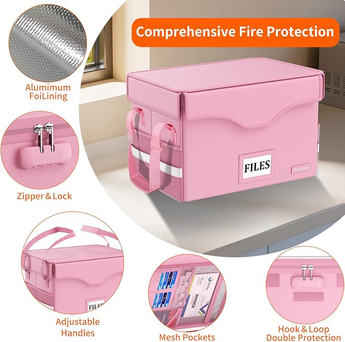 DocSafe 5200°F Fireproof Document Box with Lock,Heat Insulated File Organizer Storage with Pockets,Collapsible Portable Home Office File Safe Box with Handle for Hanging Letter/Legal Folders, Pink