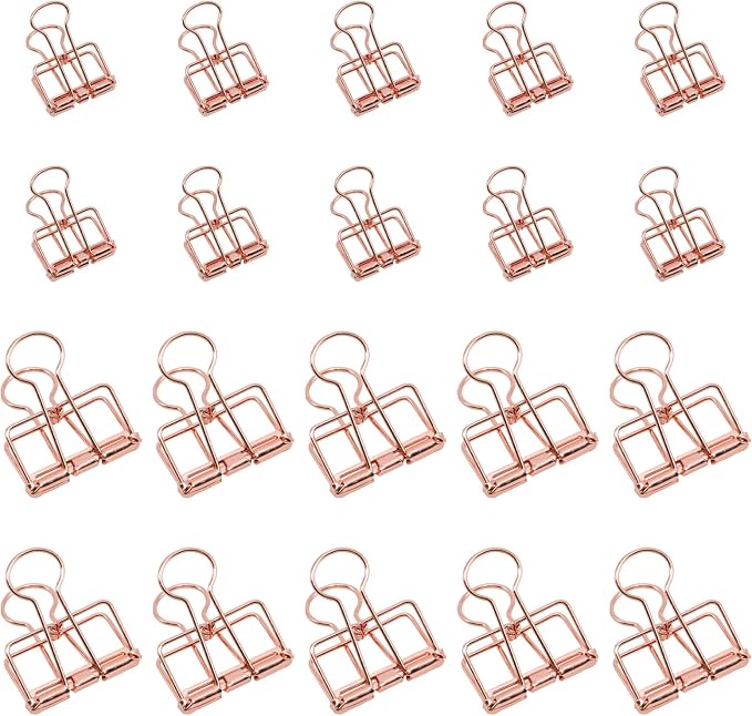 20 Pcs Hollow Out Long Tail Wire Binder Clips, 10 Medium + 10 Small | Rose Gold, Assorted Sizes, Hollow Binder Clamps, Paper Binder Clips for Office School Supplies
