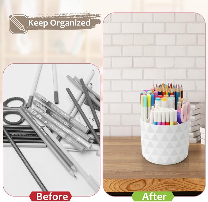 Desk Organizer, 360-Degree Rotating Pencil Pen Holders For Desk, Diamond Pattern Pen Organizer With 5 Compartments, Cute Desk Accessories Decor For Office, School,Home,Art Supply (White)