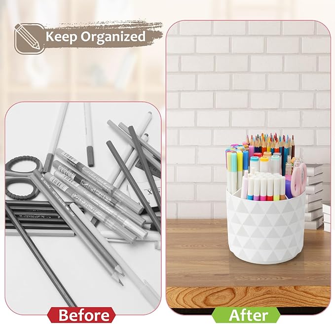 Desk Organizer, 360-Degree Rotating Pencil Pen Holders For Desk, Diamond Pattern Pen Organizer With 5 Compartments, Cute Desk Accessories Decor For Office, School,Home,Art Supply (White)