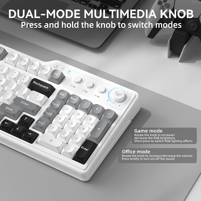 Aula F3099 Wireless Keyboard with Media Knob, Tri-Mode BT5.0/2.4GHz/USB-C Cute Creamy Keyboard with Number Pad, RGB Backlit Gaming Keyboard, Quiet Typing Computer Keyboards for Office Laptop/PC