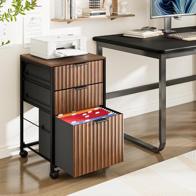 VINGLI 3 Drawer Fluted File Cabinet, Rolling File Cabinet Mobile Under Desk File Cabinet with Wheels, Fabric Drawers Printer Stand for Home Office, Fits Letter Size, Walnut