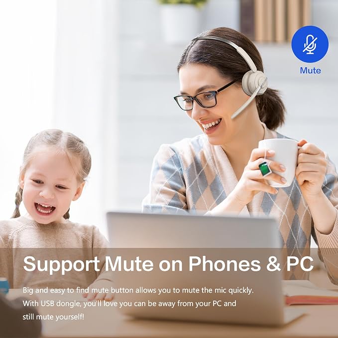 Bluetooth Headset, Wireless Headset with Mic for Work, Noise Cancelling Microphone, USB Dongle,Charging Stand, Mute Button for PC, Zoom, Teams, Office & Call Center, Cell Phones, Work from Home