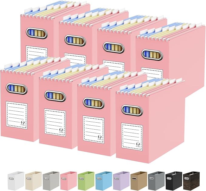 Portable Collapsible Cardboard File Box with Handle for Letter-Size | 8-Pack. Stainless Steel Handle. Label Stickers Included. Fits Letter Folders (Not Included). Home, Office, School, Dorm, Tax.