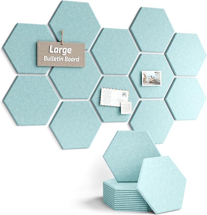 Fluxynara 12-Pack Hexagon Felt Bulletin Board Tiles, Teal Blue-1 | Cork Board Alternative with 60 Adhesive Tabs for Notes, Photos and Reminders in Home Offices, Dorm and Classrooms