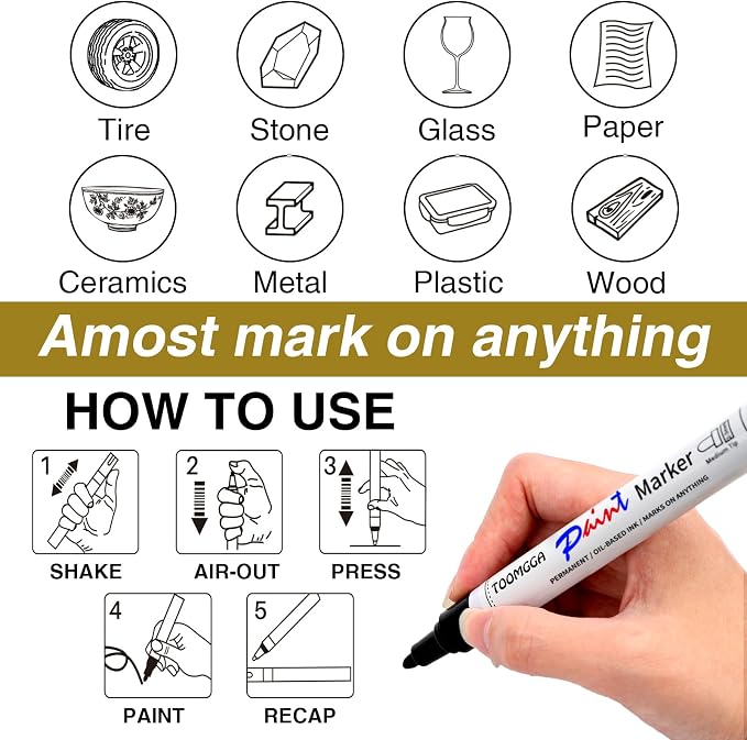 TOOMGGA 2 White Paint Pens Permanent Paint Markers, Oil Based Medium Tip | Marking Pens, Quick Drying, Waterproof, Fade-resistant, for Rock Painting, Car Tyre, Metal, Plastic, Canvas, Mugs, Wood