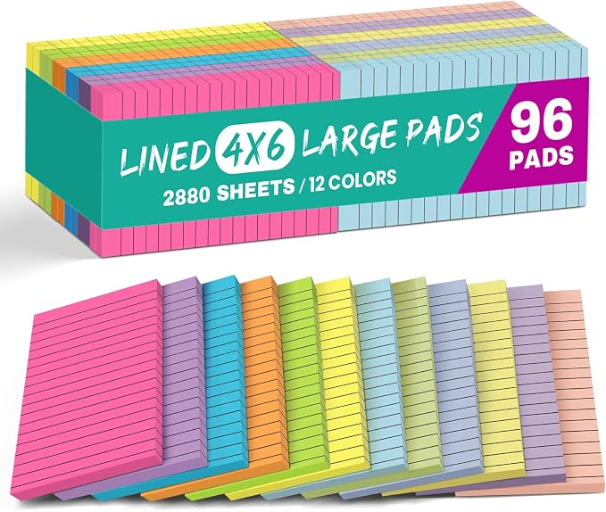 Taja Lined Sticky Notes, 4 x 6 Inches, 96 Pads, 30 Sheets/Pad, Bright | Large Sticky Notes with Lines for Office, Home, School, Ruled Memo Note Pads for Shopping, Planning, Studying