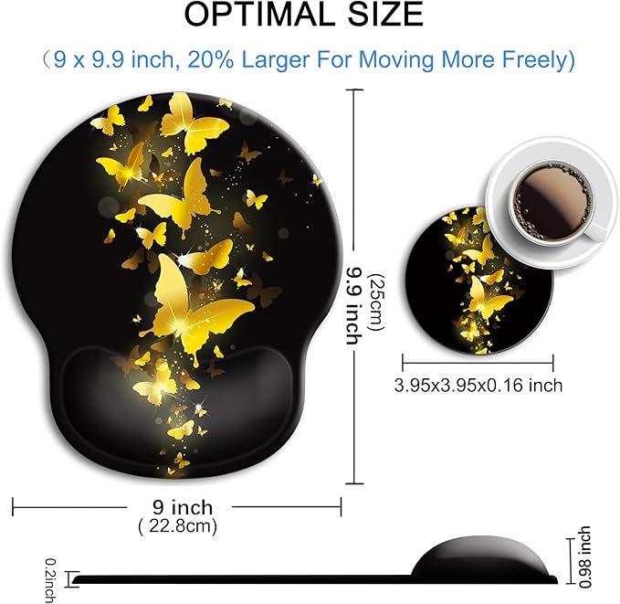 Ergonomic Mouse Pad with Wrist Support Rest,Large Mousepad Gel Wrist Rest, with Coaster Non-Slip & Pain Relief for Computer, Desk, Home&Office-Golden Butterflies