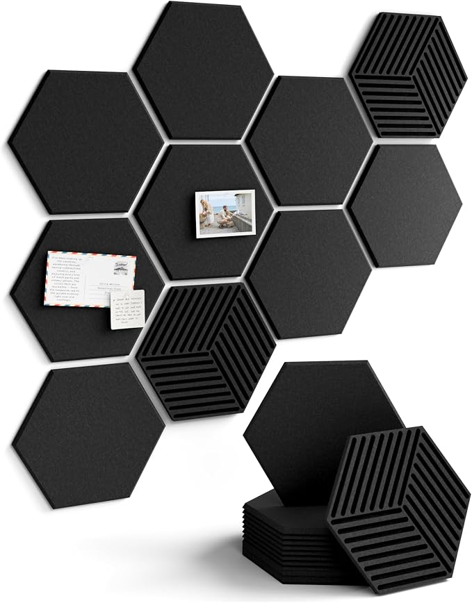 Fluxynara 10-Pack Hexagon Cork Board Alternative, Black | Felt Bulletin Board with 50 Adhesive Tabs, Ideal for Vision Boards and Wall Decor in Homes, Offices, Classrooms, and Dorms