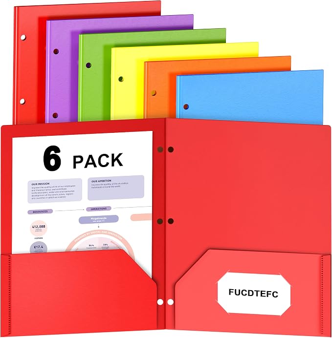 6 Pack Folders with Pockets, Plastic 3 Hole Punched Binder Folders with Business Card Holder, Colored Decorative File Folders for Documents, Filing Cabinet, School, Office, Business | 6 Color, Decorative, File Folders, Business Card Holder, for Documen...