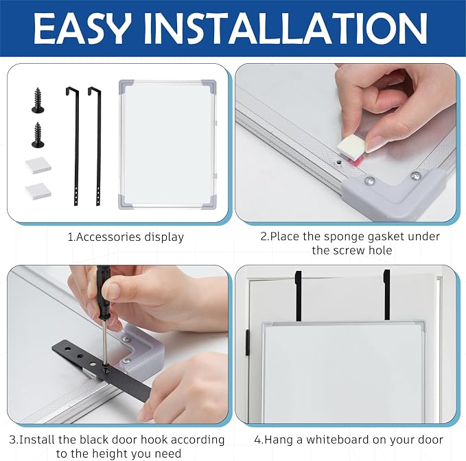 24 x 20 Inch Over the Door Whiteboard Hanging Dry Erase Board for Door 4 Adjustable Heights Aluminum Frame Small White Board for Dorm Home Office Cubicle Wall, Horizontal Vertical Installation