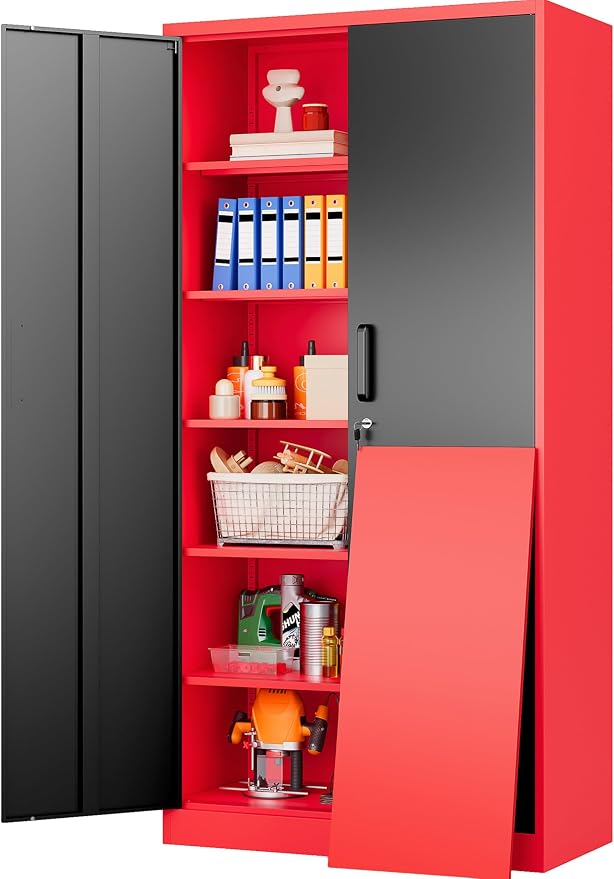 Wide & Deep Metal Storage Cabinet with 5 Shelves,72" Tall Red Garage Storage Cabinet with Lock,Metal Cabinets with Locking Doors,Lockable Steel Cabinets for Home,Office,Shop,Garage,72x36x18