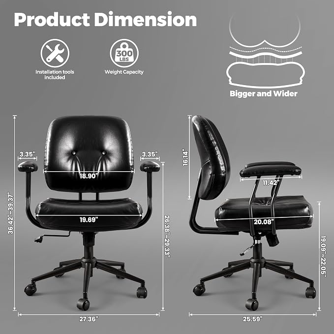 ovios Home Office Chair with Thick Cushion, Mid-Century Modern Faux Leather Ergonomic Chairs, Mid Back Swivel Rolling Computer Executive Armchair (Black, PU Leather)