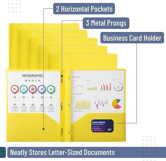 Mr. Pen- Plastic Folders with Pockets and Prongs, 24 Pack, Letter Size, Yellow, Flexible Plastic Folders with Prongs