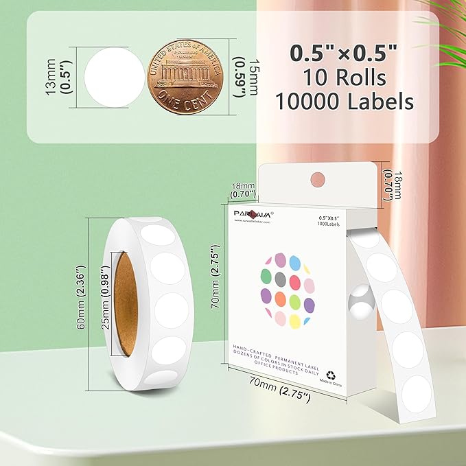 PARLAIM 10000pcs 1/2 Inch Round Color Code Dot Stickers, 10 Rolls Adhesive White Circle Labels for Office Classroom