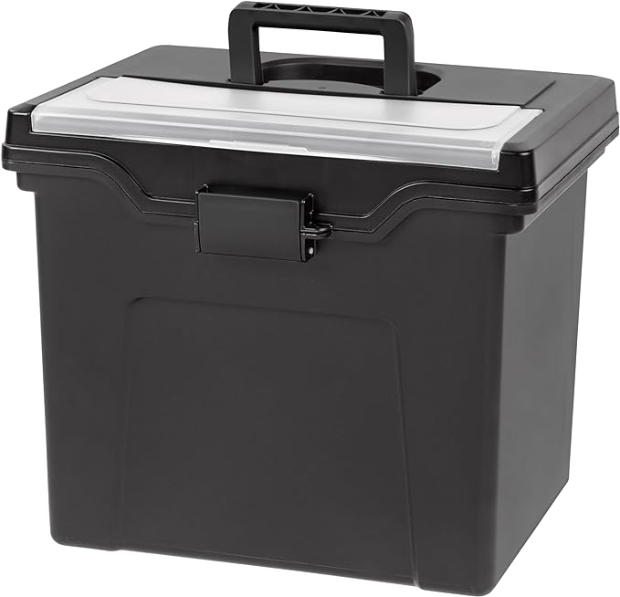 IRIS USA File Box Organizer with Lid, Letter File, Portable Handle, Black | Carry letter size files, documents and paperwork with a portable handle and secure lid for organized storage on the go