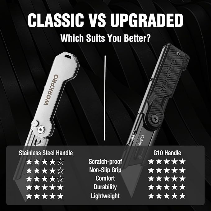 WORKPRO Folding Utility Knife with 10 Extra SK5 Blades, EDC Razor Sharp Knife with G10 Handle, Quick Change Box Cutter with Belt Clip, for Heavy Duty, DIY, Home, Office & Artcraft Use - Black