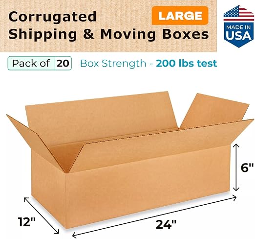 Large Shipping & Moving Boxes 24"L x 12"W x 6"H (20-Pack) - Extra Strength 200 lb vs Regular - Corrugated Shipping Boxes Large for USPS - Moving Box Heavy Duty by IDL Packaging | Extra Strength 200 lb vs Regular - Corrugated Shipping Boxes Large for US...