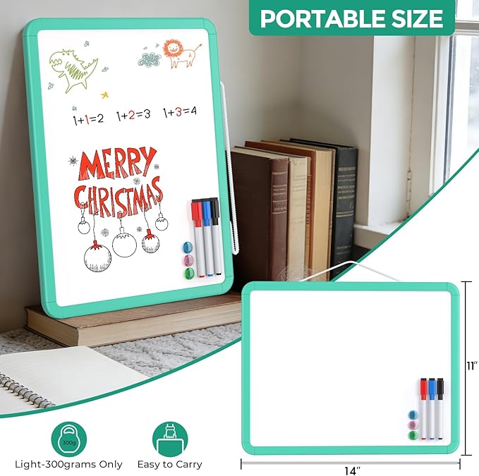 MaxGear Small Dry Erase Board for Wall, 14"x 11" Hanging Double-Sided Whiteboard with 3 Dry Erase Markers, 3 Magnets, Portable Mini White Board for Planning, Drawing, Memo, to Do List, Green Frame