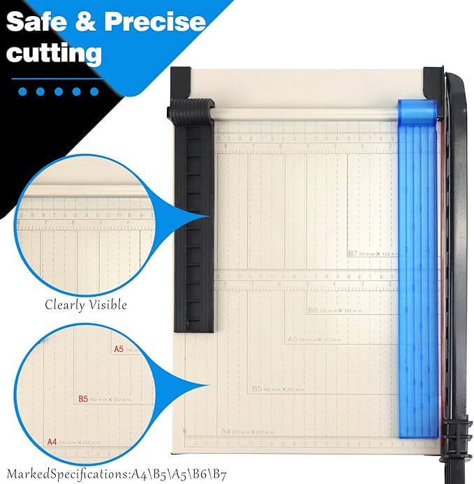 Paper Cutter A4, Guillotine Paper Cutting Board, 12 Sheets Capacity, Heavy Duty Paper Trimmer with Safety Guard, Paper Guillotine for Cardstock, Photos, Office, Classroom, Scrapbooking - Blue