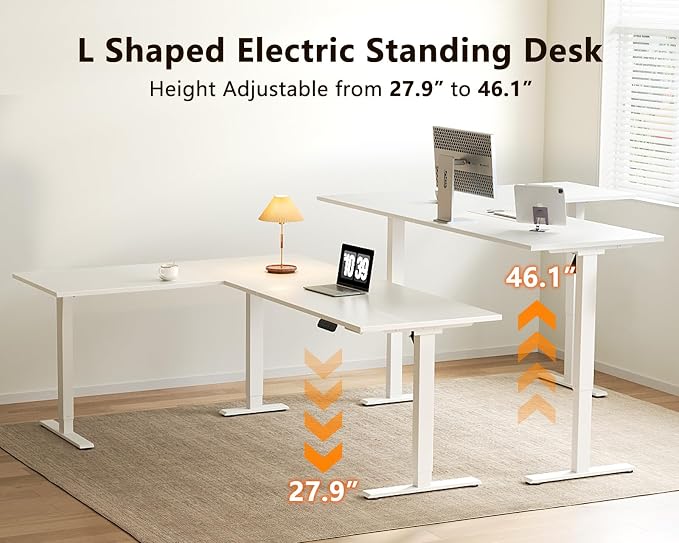 Casaottima 71 Inch L Shaped Electric Standing Desk, Home Office, White | Reversible Corner Desk with Height Adjustment, Ergonomic Sit Stand Table for Home Office, Computer Workstation