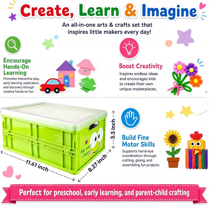 FUNZBO Arts and Crafts Supplies for Kids -Toddler Craft Kits | with Glue Stick Pipe Cleaners Popsicle Stickers Construction Paper Pom Poms & Googly Eyes, Birthday Gifts for Girls age 4+