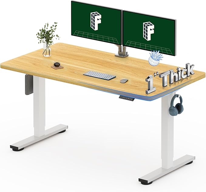 FLEXISPOT One-Piece Electric Standing Desk, 55 x 28 Inches Adjustable Desk with Seamless Desktop, Memory Controller Height Adjustment (White Frame + Maple Desktop, 2 Packages)