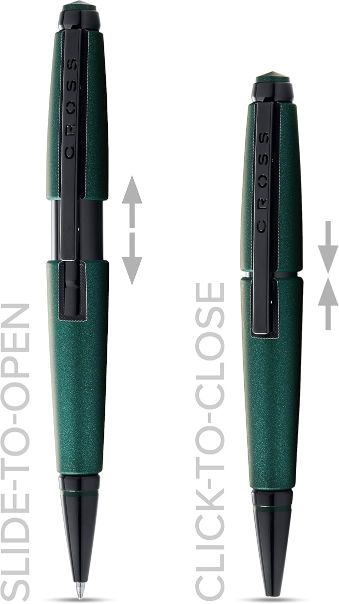Cross Edge Matte Green Lacquer Gel Rollerball Pen, Black Ink - Elegant Accessory for Effortless Writing - Capless Slide-Open & Snap-Shut Design - Ergonomic Shape - Comfortable Grip - Ideal Gift