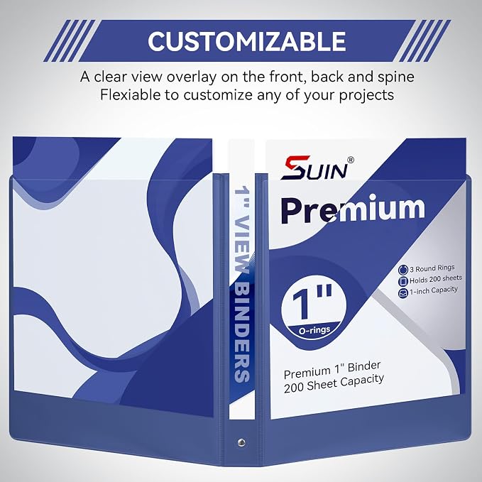 SUIN 1 Inch 3 Ring Binder, Clear 1'' View Presentation Binders with 2 Pockets, Fits 8.5 x 11 Letter Size, Durable Polypropylene, Non-Stick & PVC-Free for School, Office & Home (Navy Blue)